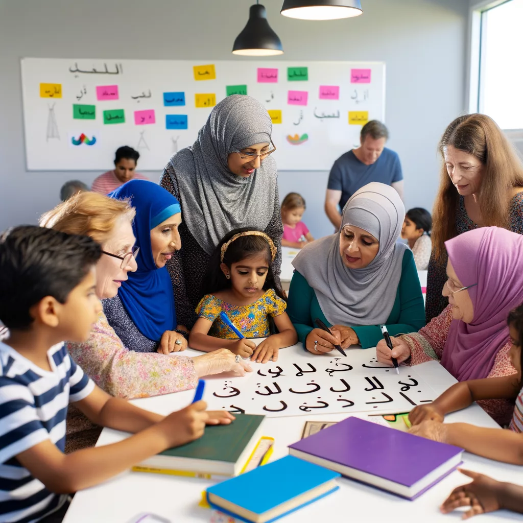 Enfants et adultes apprenant l'arabe ensemble.