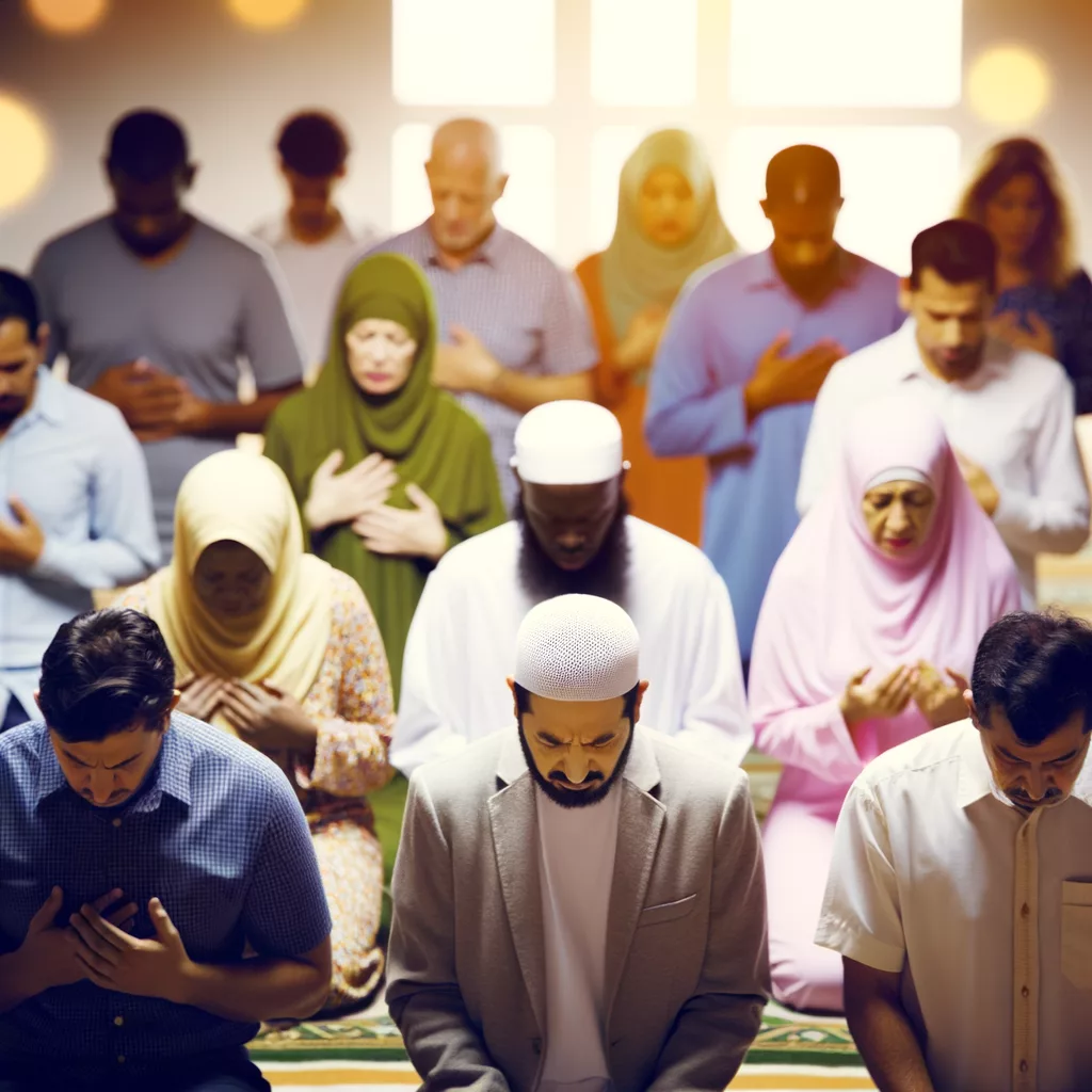 Groupe en prière, écoutant l’appel coranique.