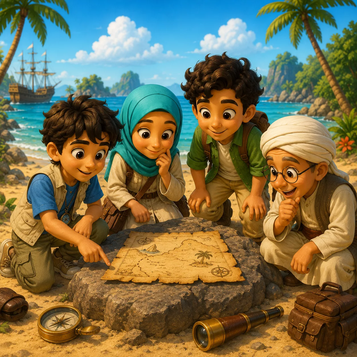 Enfants explorateurs autour d'une carte au trésor