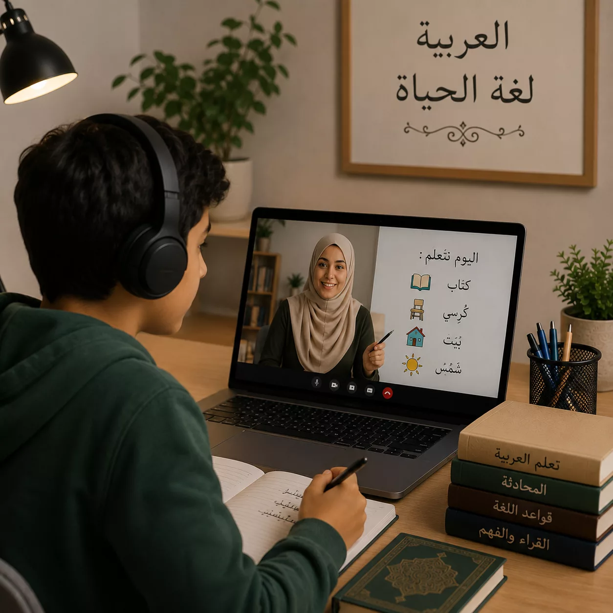 Adolescent suivant un cours d'arabe en ligne