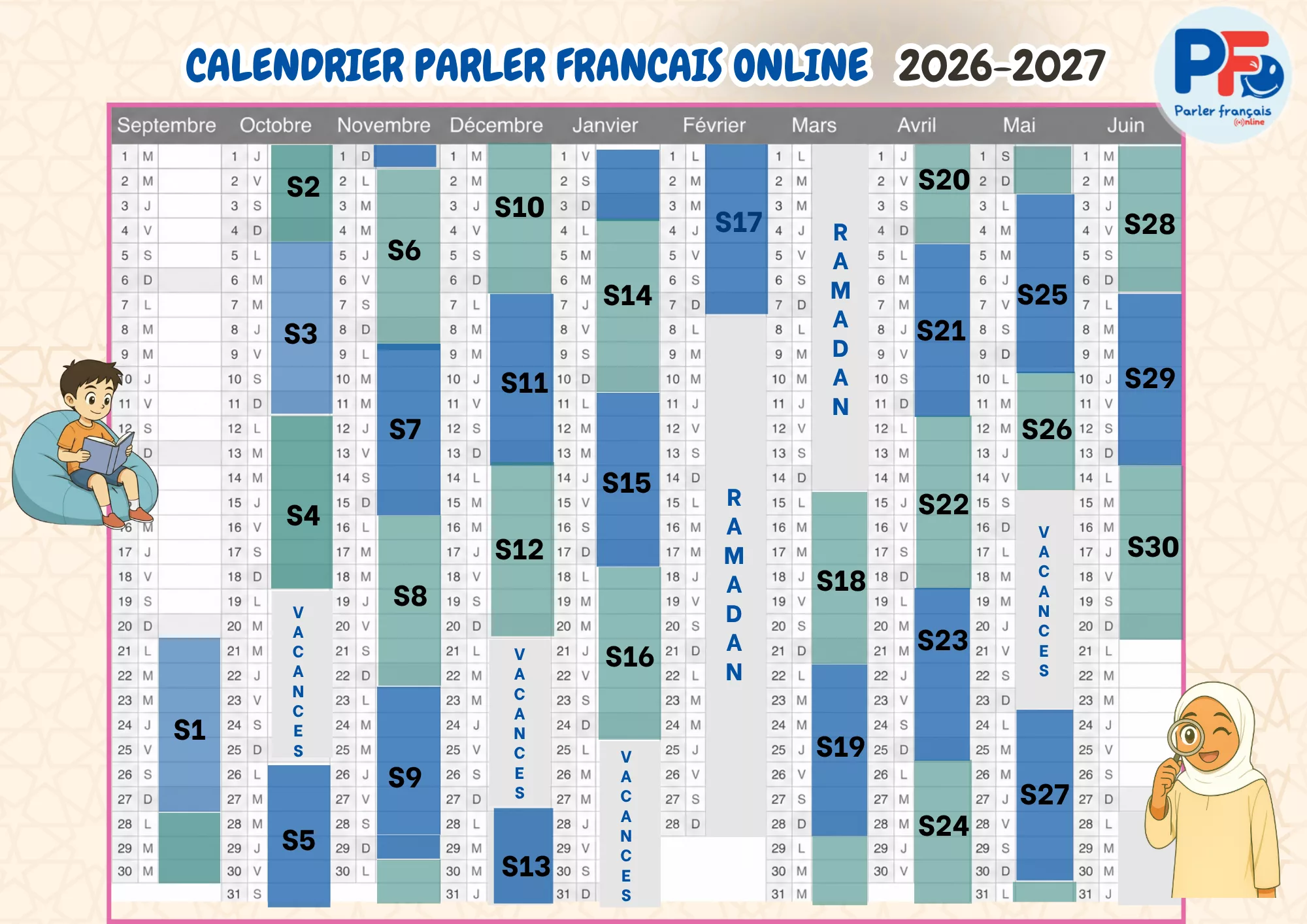 Calendrier Parler Français Online 2026-2027